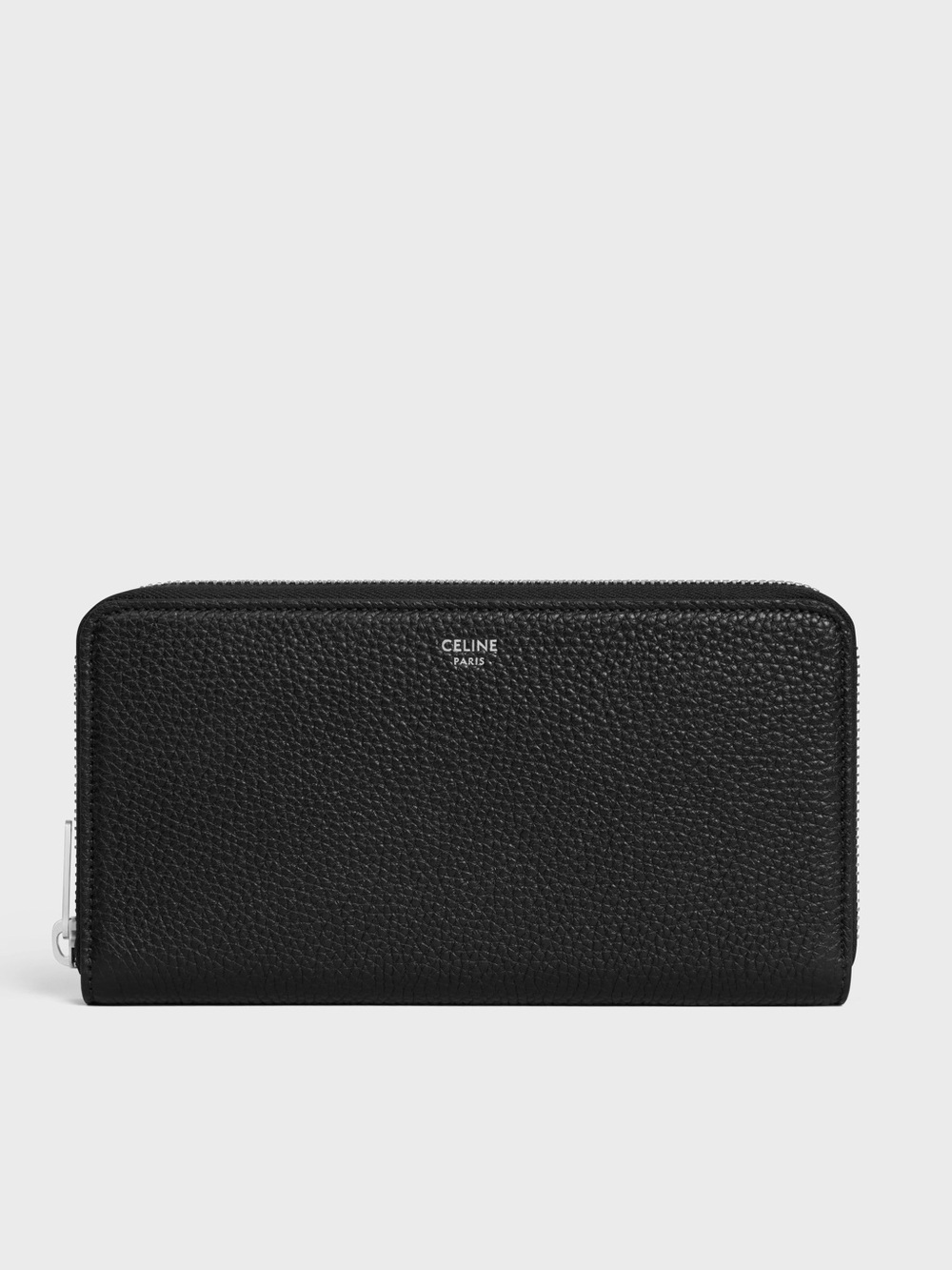 CELINE Large Black Zipped Wallet in Grained Calfskin Leather Yellow Inside